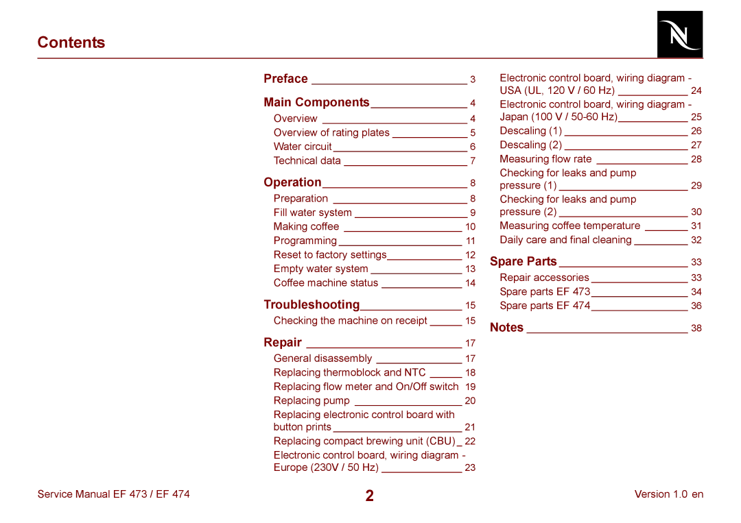 Nespresso EF 474, EF 473 manual Contents 