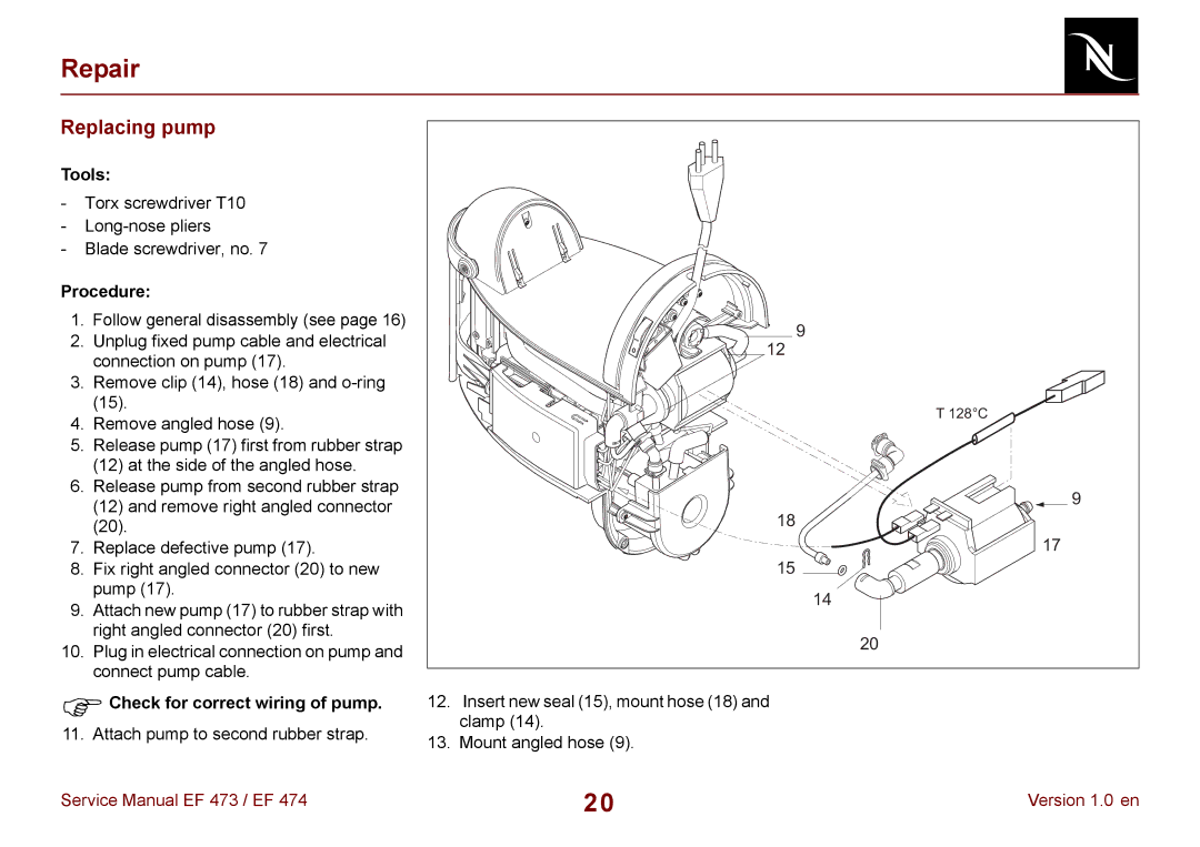 Nespresso EF 474, EF 473 manual Replacing pump 