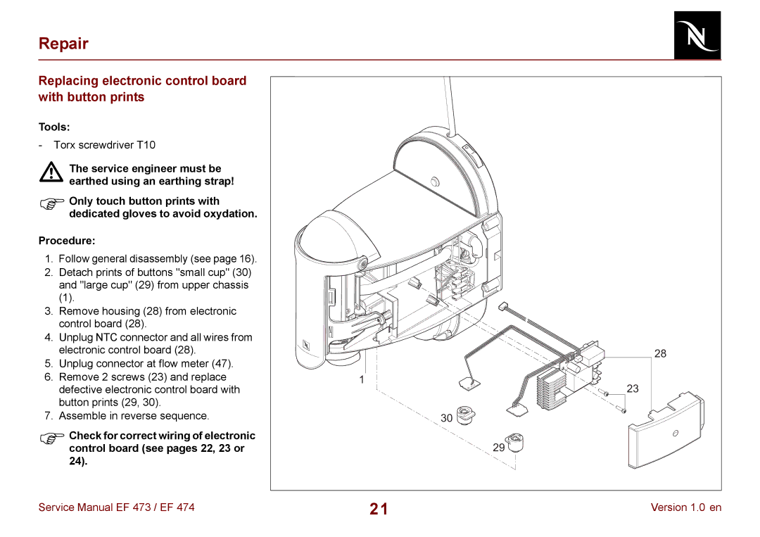 Nespresso EF 473, EF 474 manual Replacing electronic control board with button prints 