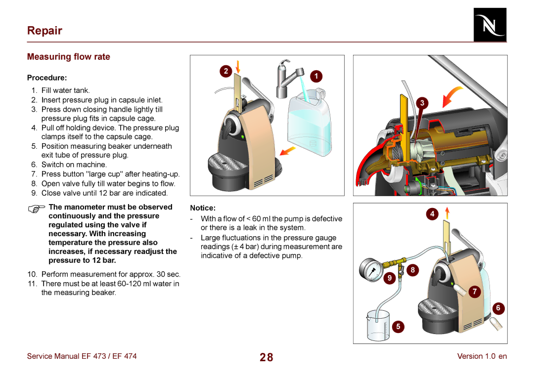 Nespresso EF 474, EF 473 manual Measuring flow rate, Procedure 