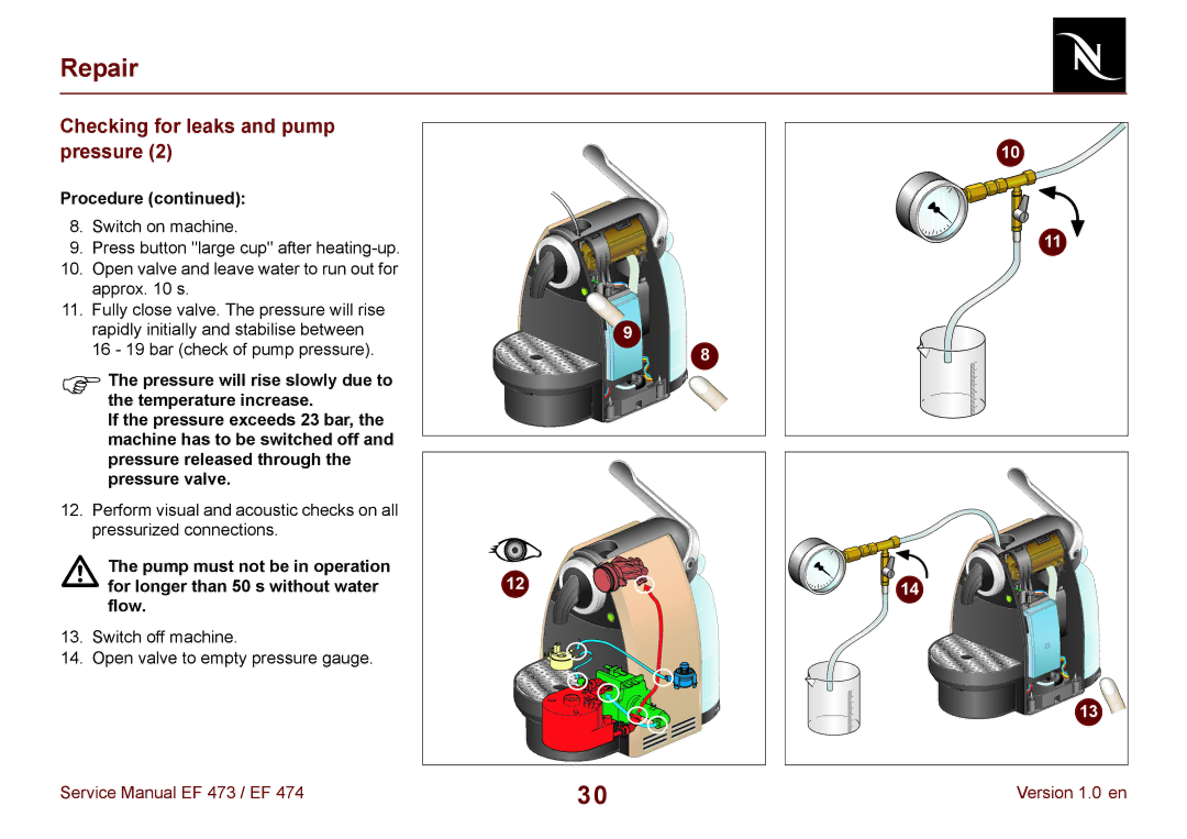 Nespresso EF 474, EF 473 manual Switch off machine Open valve to empty pressure gauge 