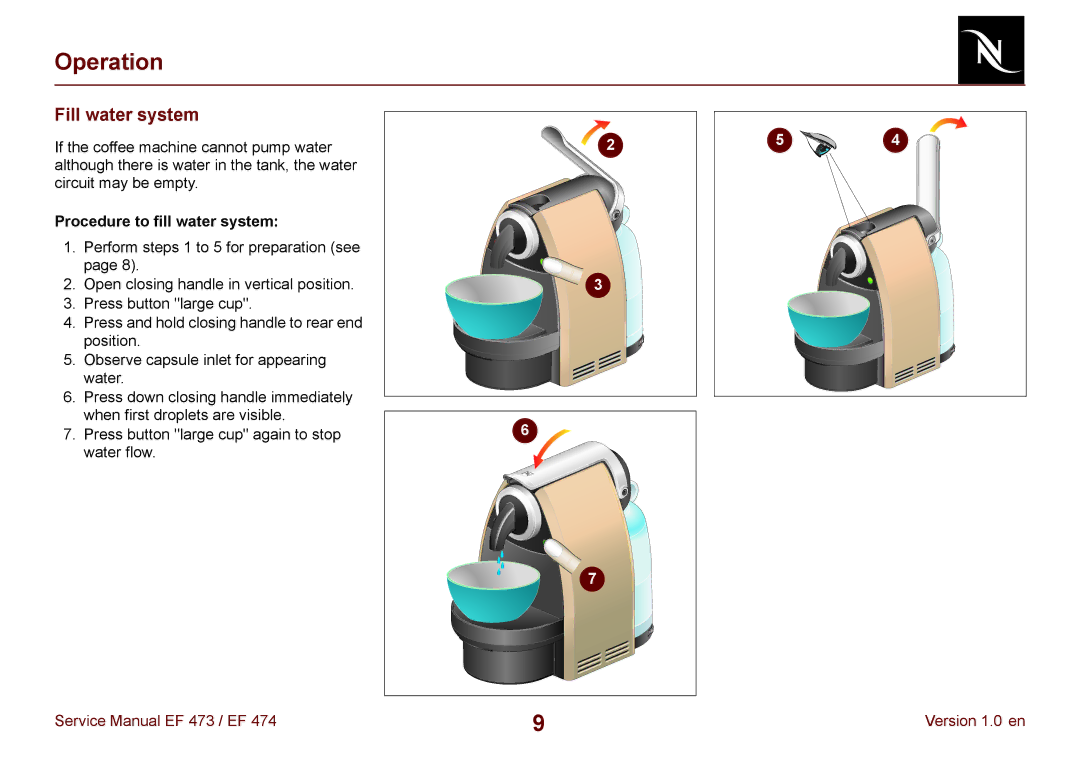 Nespresso EF 473, EF 474 manual Fill water system, Procedure to fill water system 