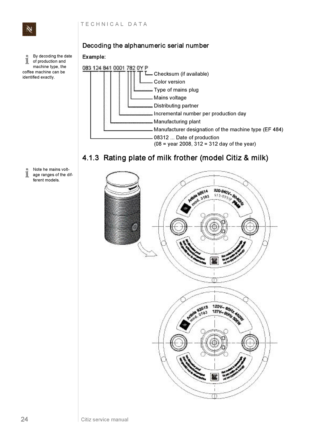 Nespresso EF485/486 Rating plate of milk frother model Citiz & milk, Decoding the alphanumeric serial number, Example 