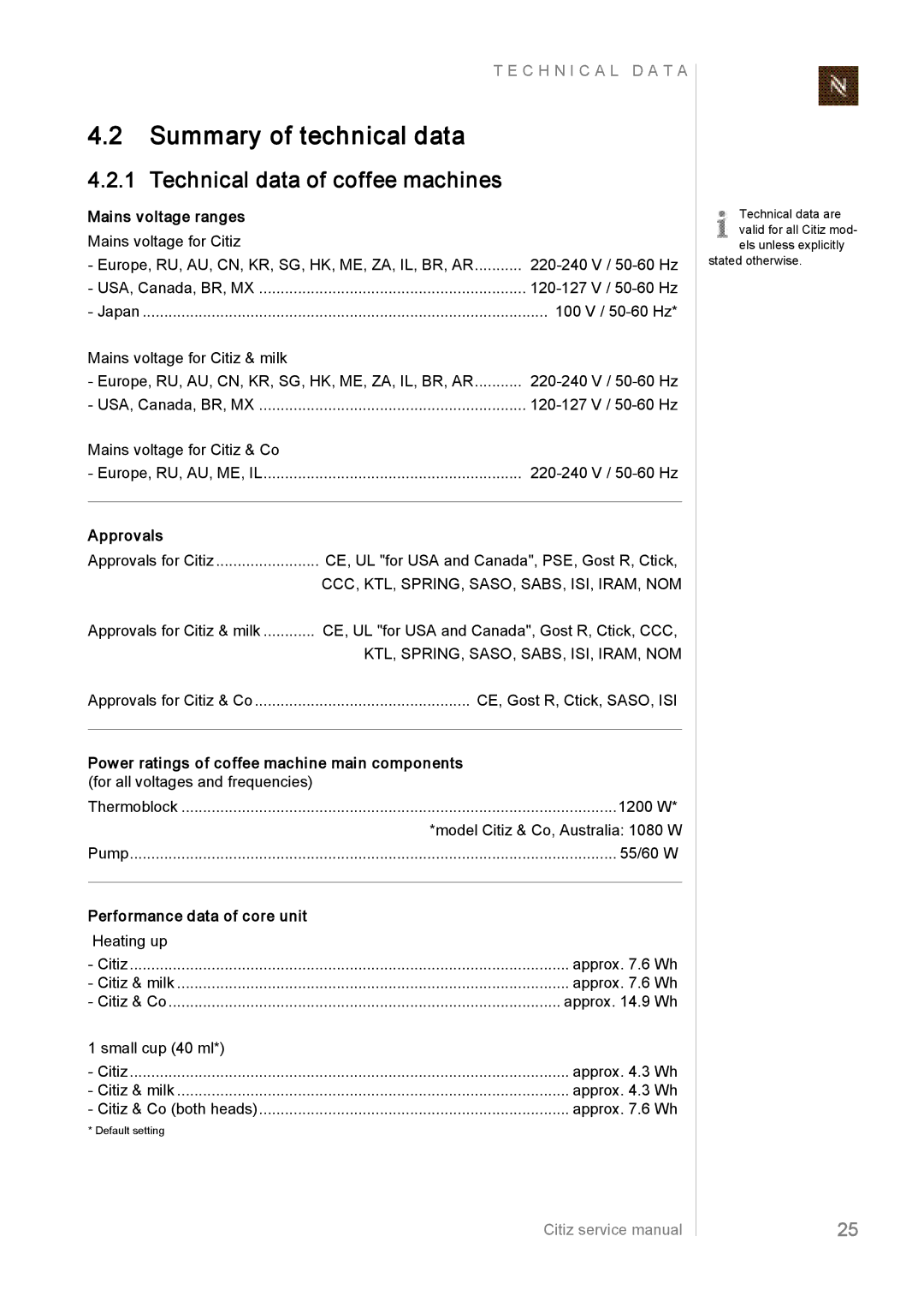 Nespresso EF483/484, EF485/486, EF487/488 manual Summary of technical data, Technical data of coffee machines 