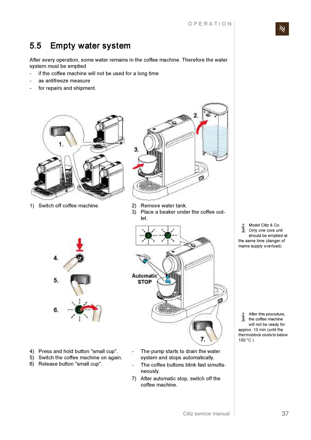 Nespresso EF483/484, EF485/486, EF487/488 manual Empty water system 