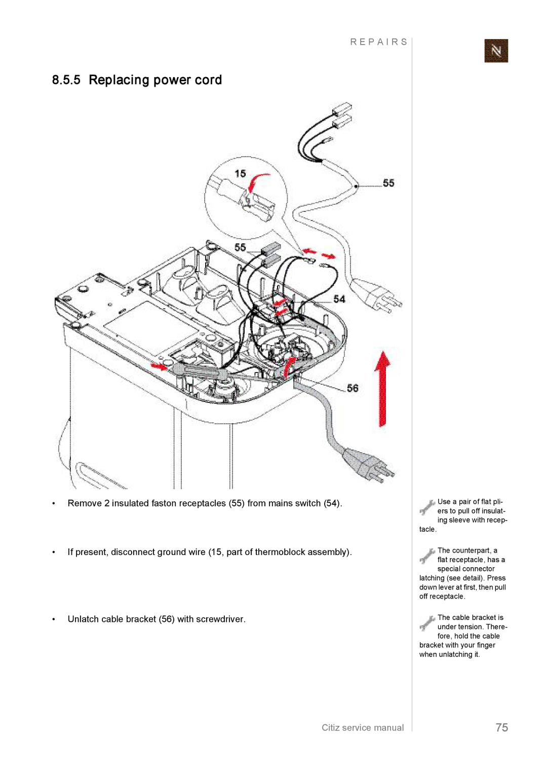 Nespresso EF485/486, EF483/484, EF487/488 manual Replacing power cord 