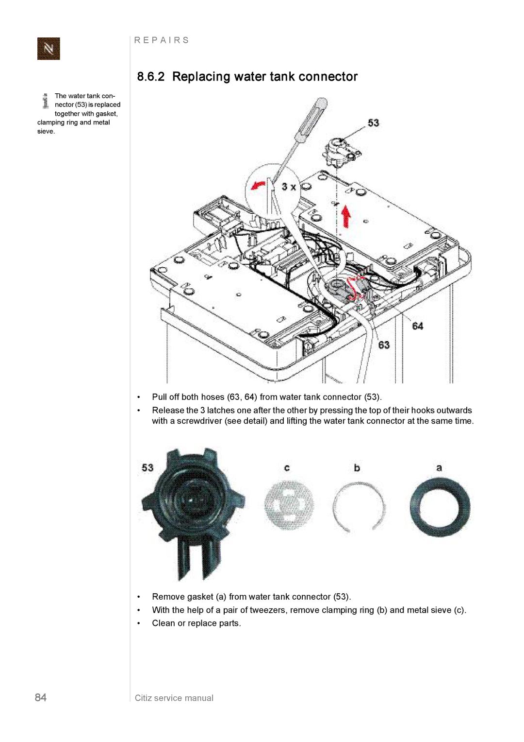 Nespresso EF485/486, EF483/484, EF487/488 manual Replacing water tank connector 