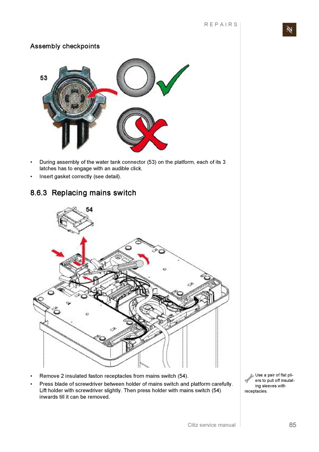 Nespresso EF483/484, EF485/486, EF487/488 manual Replacing mains switch 