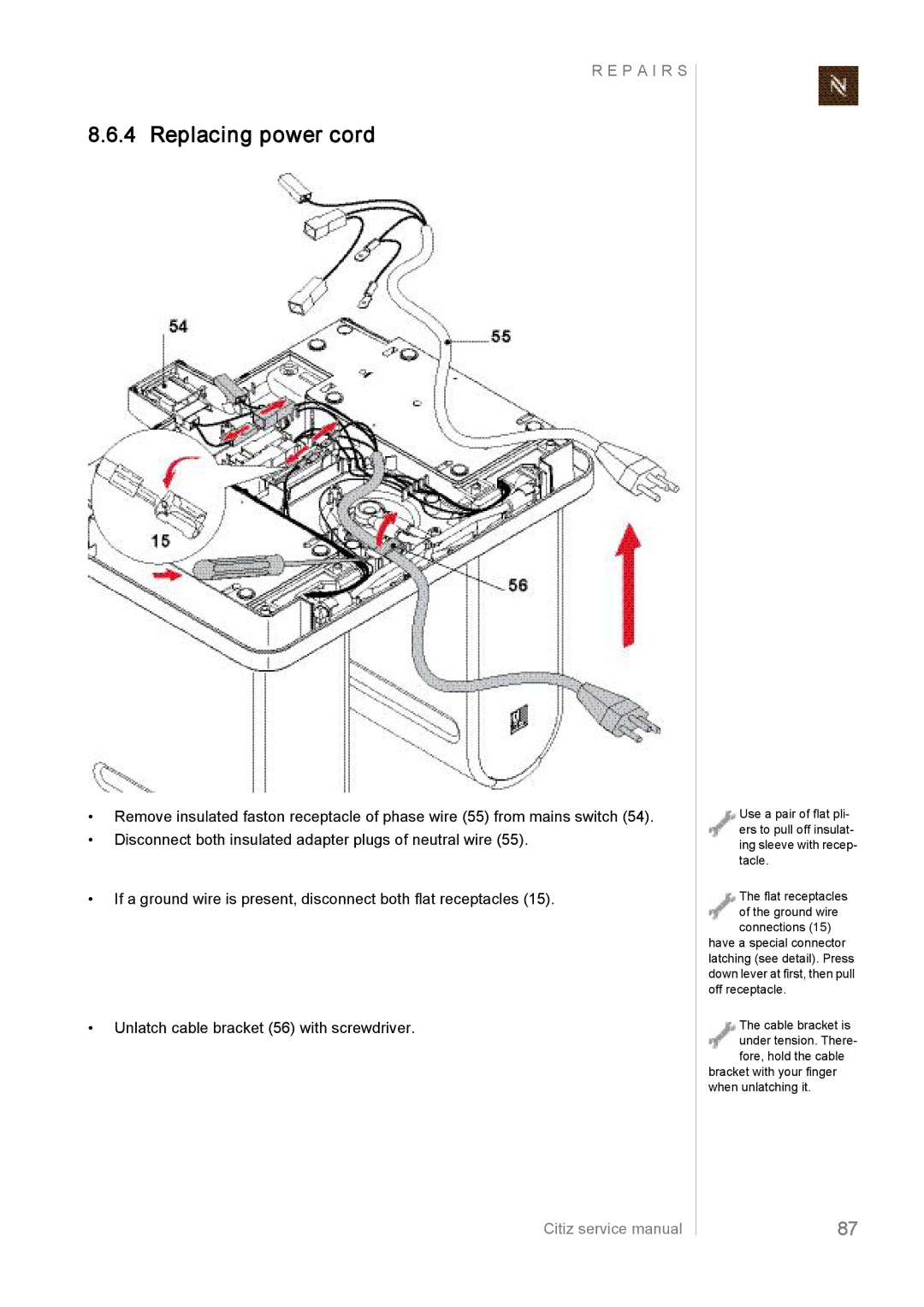 Nespresso EF485/486, EF483/484, EF487/488 manual Replacing power cord 