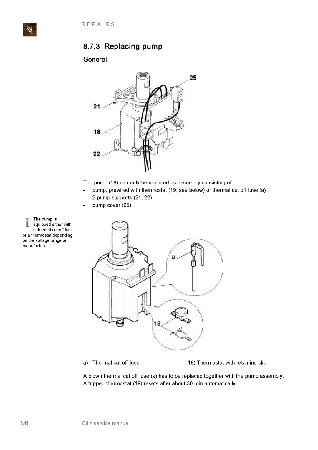 Nespresso EF487/488, EF485/486, EF483/484 manual Replacing pump, General 