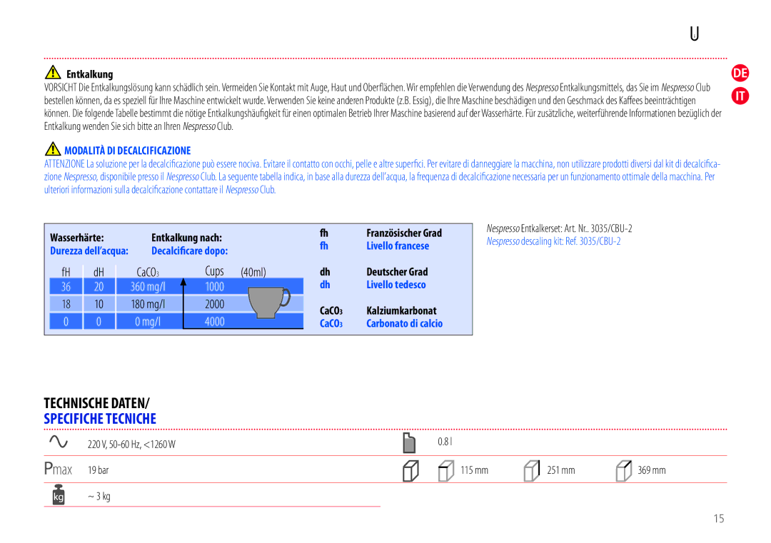 Nespresso EN110.O manual Technische Daten, Specifiche Tecniche, Modalità DI Decalcificazione, Wasserhärte Entkalkung nach 
