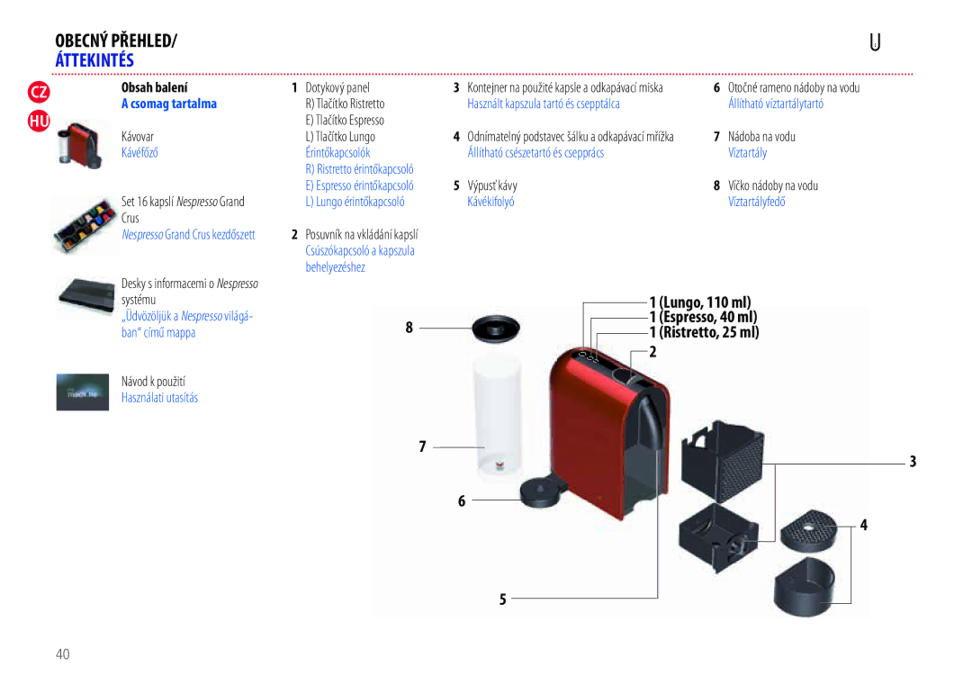 Nespresso EN110.B, EN110.O manual Csomag tartalma, Kávéfőző, Használati utasítás, Kávékifolyó Víztartályfedő 