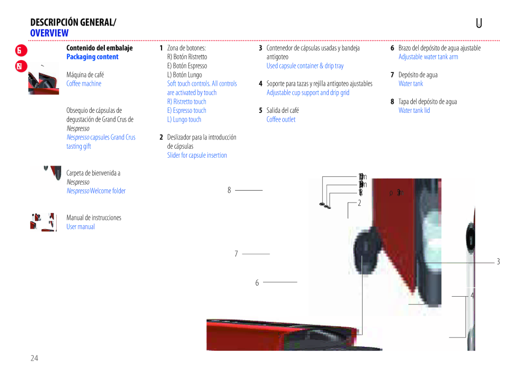 Nespresso EN110.B, EN110.O manual Descripción General, Overview, Contenido del embalaje, Packaging content 