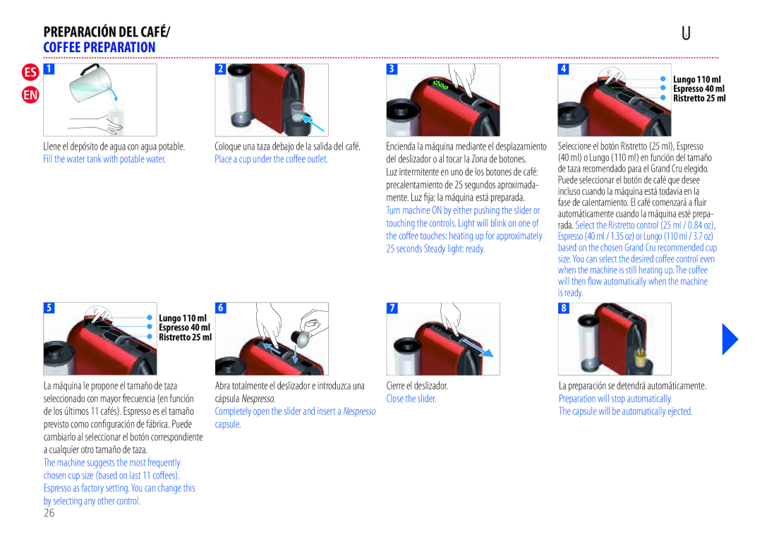 Nespresso EN110.B Preparación DEL Café, Coffee Preparation, Close the slider, Capsule, By selecting any other control 