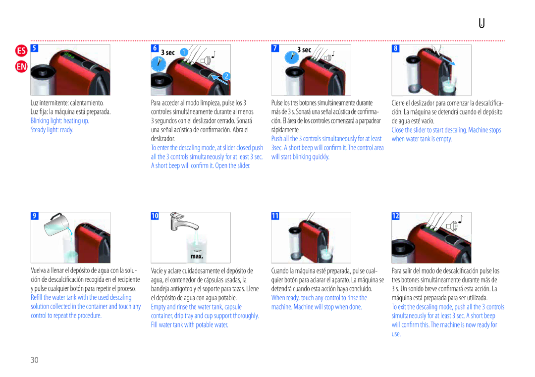 Nespresso EN110.B, EN110.O manual Luz intermitente calentamiento, Blinking light heating up Steady light ready 