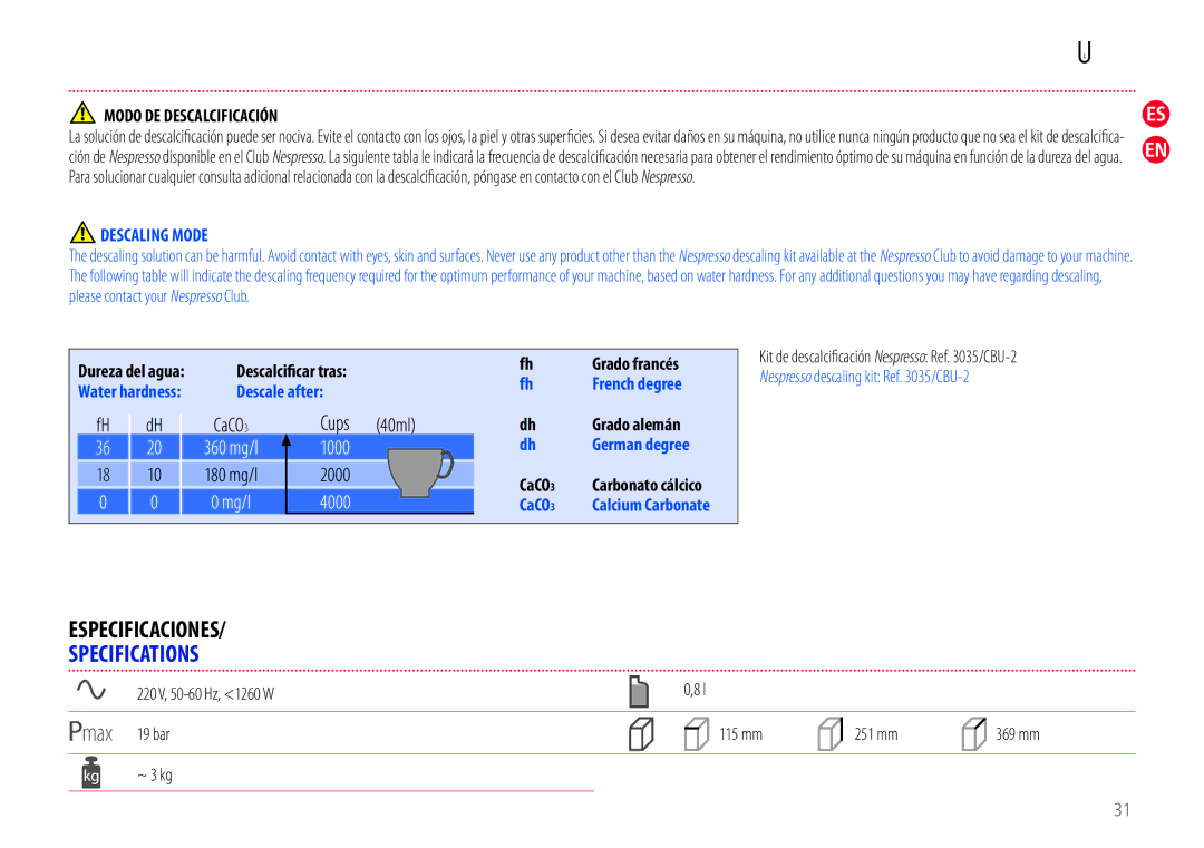 Nespresso EN110.O, EN110.B manual Especificaciones, Specifications, Modo DE Descalcificación, Descaling Mode 
