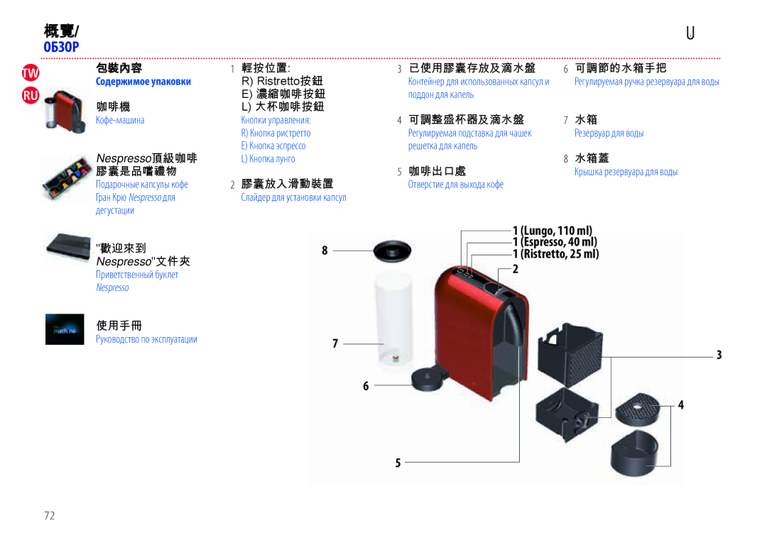 Nespresso EN110.B, EN110.O manual Обзор, Содержимое упаковки 