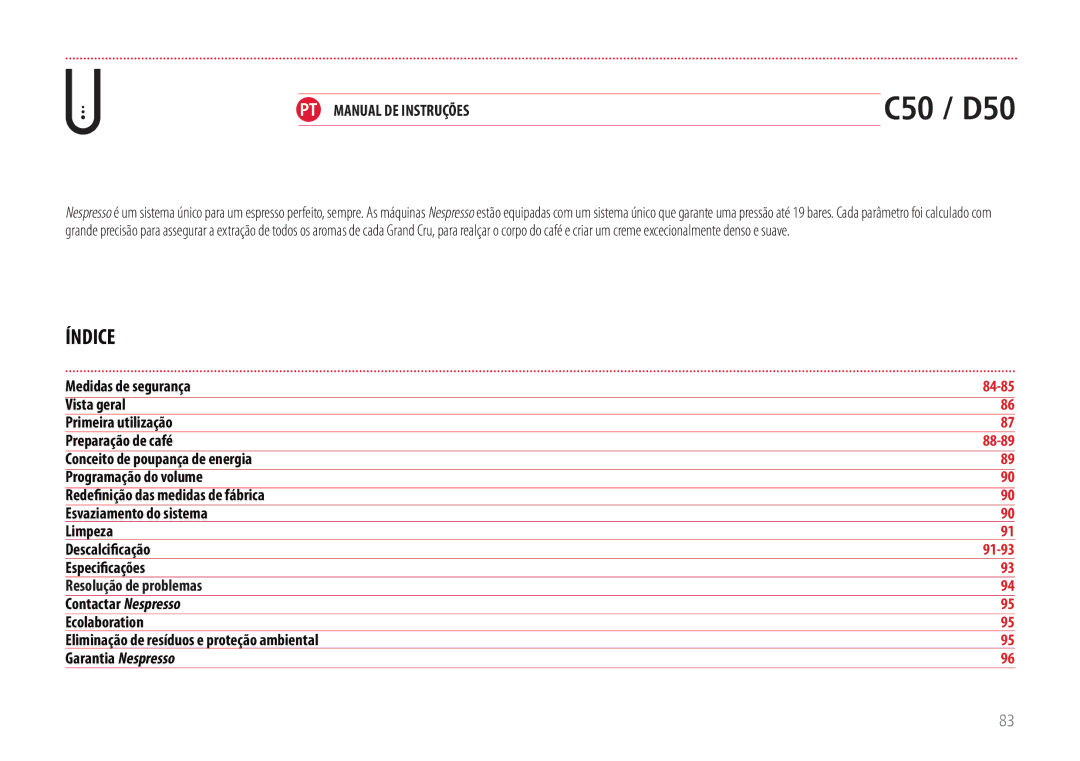 Nespresso EN110.O, EN110.B manual Índice, PT Manual DE Instruções 
