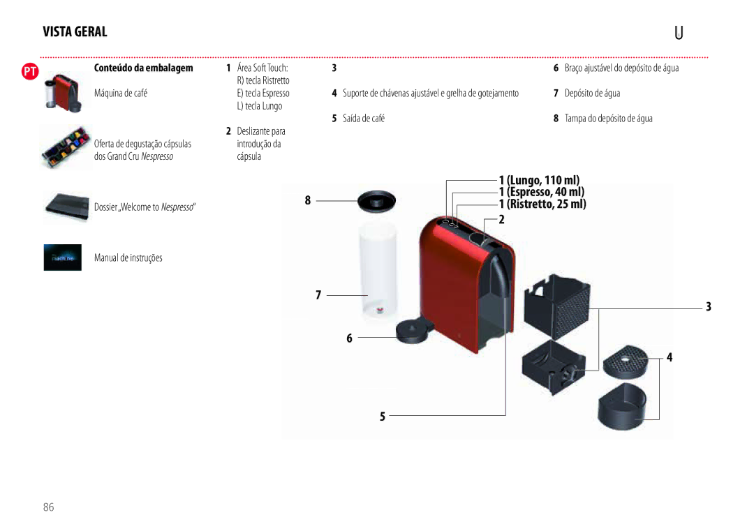 Nespresso EN110.B, EN110.O manual Vista Geral, Manual de instruções 