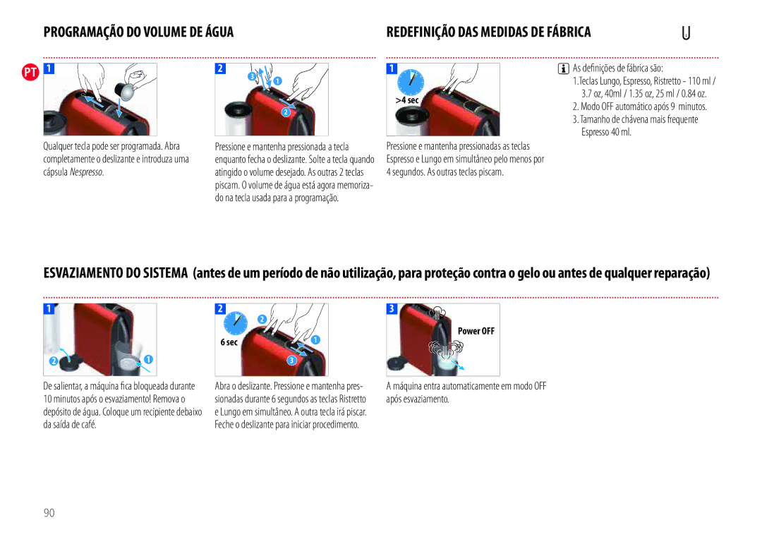 Nespresso EN110.B, EN110.O manual Programação do Volume DE Água, As denições de fábrica são 