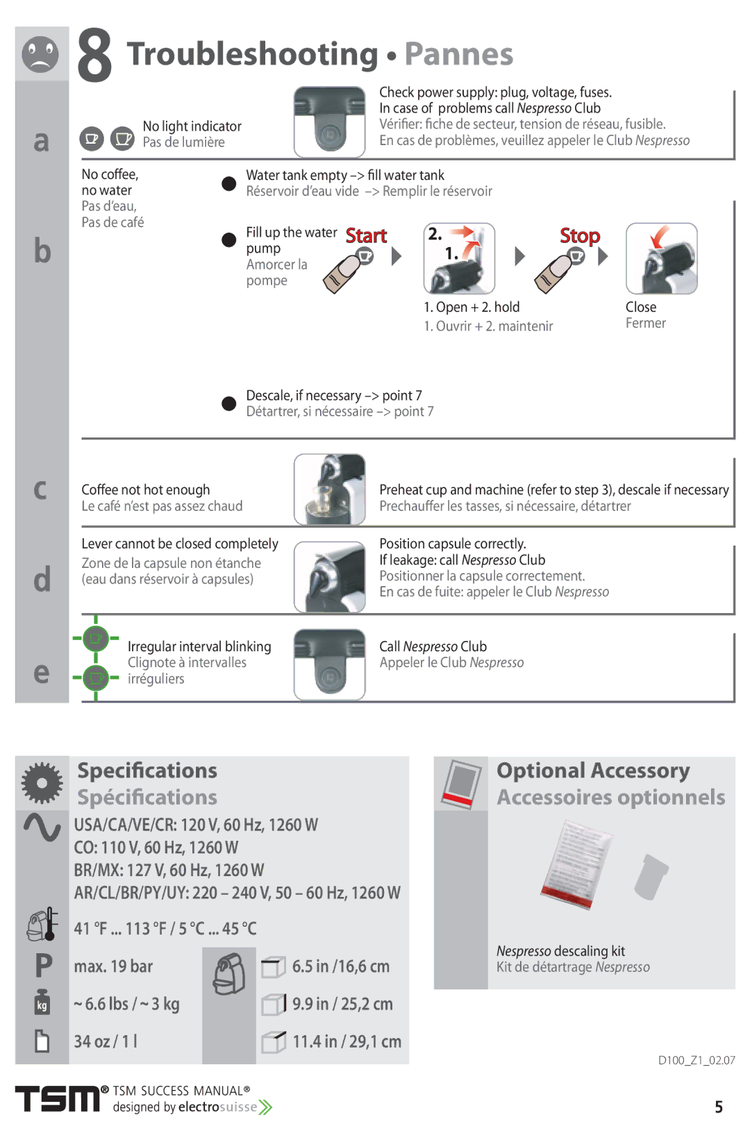 Nespresso Essenza Automatic, D100 instruction manual Troubleshooting Pannes 