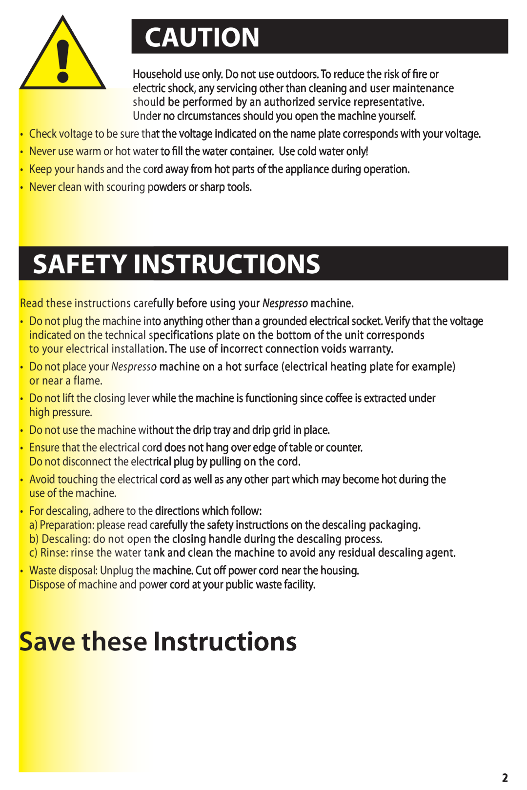 Nespresso D100, Essenza Automatic instruction manual Safety Instructions, Save these Instructions 