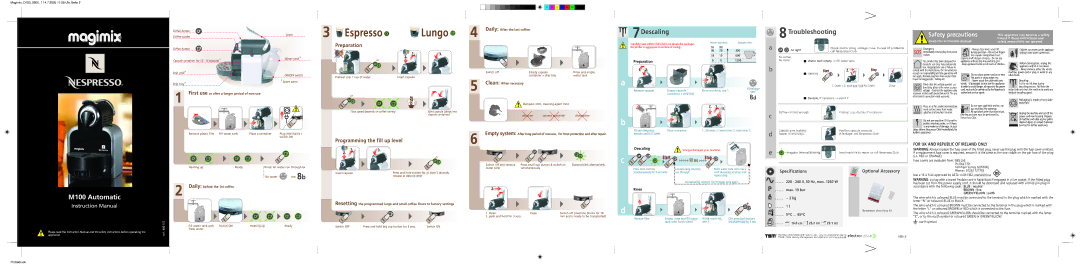 Nespresso M100 specifications 300, 600, 1200, Emergency Immediately remove plug from power socket, Descaling 