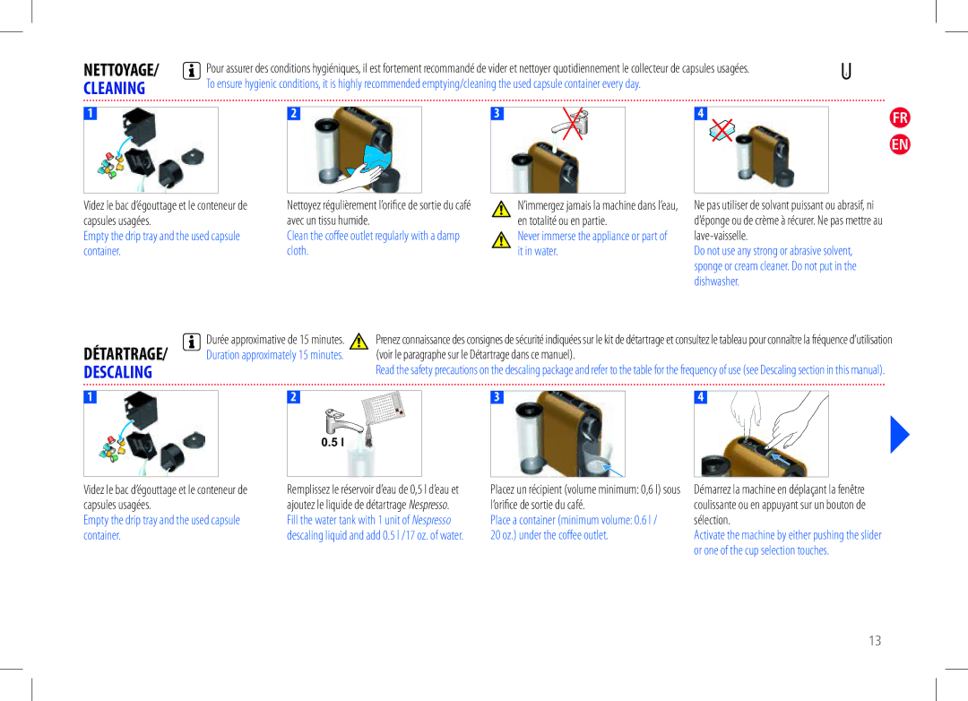 Nespresso my machine manual Cleaning, Clean the coﬀee outlet regularly with a damp cloth, DÉTARTRAGE/ Descaling 