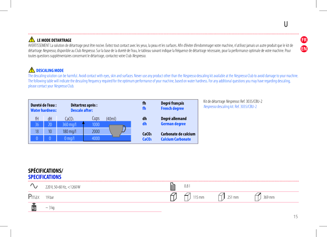 Nespresso my machine manual Specifications, LE Mode Detartrage, Descaling Mode, Kit de détartrage Nespresso Ref /CBU-2 