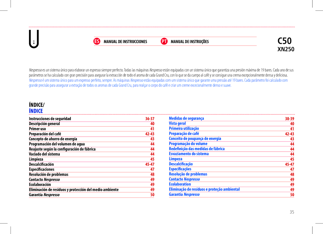 Nespresso my machine manual Índice, PT Manual DE Instruções, Descalcicação, ES Manual DE Instrucciones 