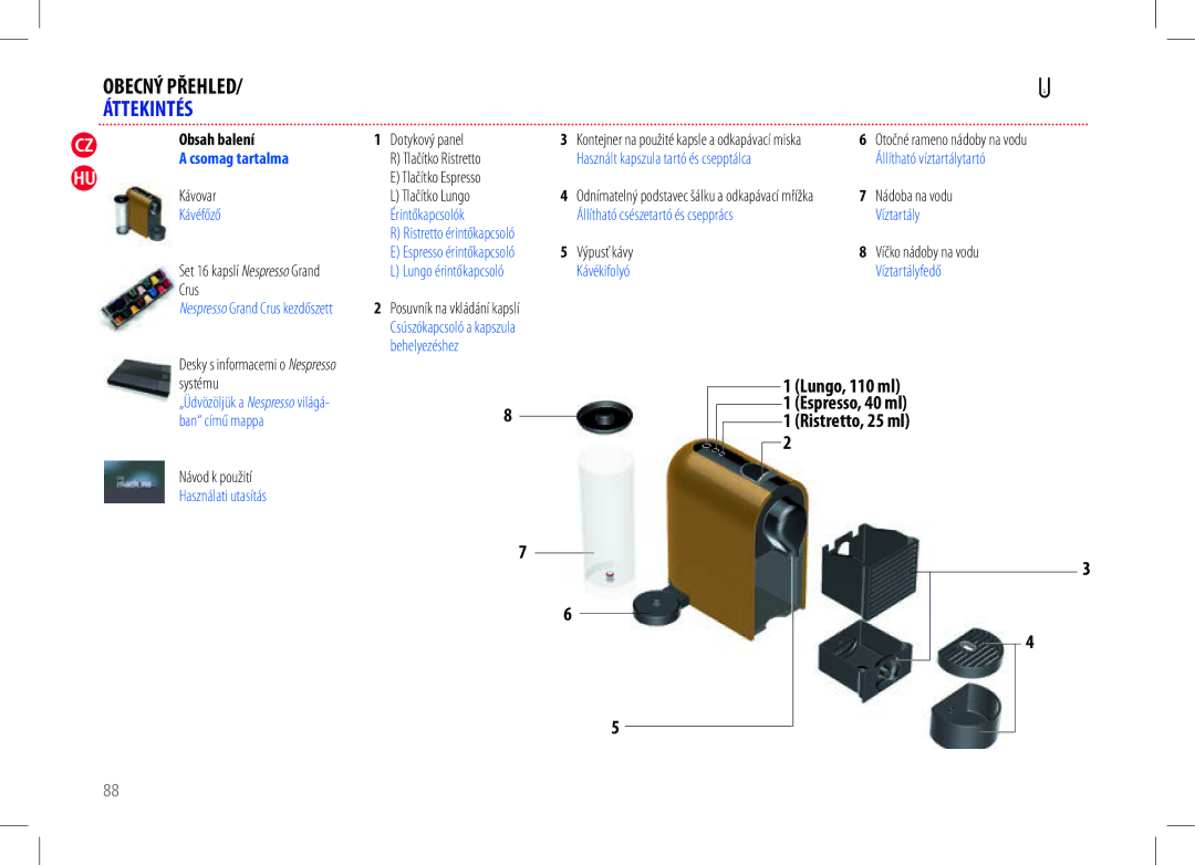 Nespresso my machine manual Csomag tartalma, Kávéfőző Érintőkapcsolók, Kávékifolyó Víztartályfedő, Behelyezéshez 