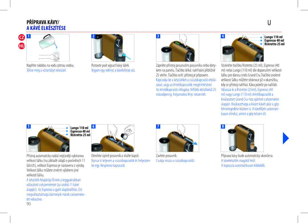 Nespresso my machine manual Kávé Elkészítése, Postavte pod výpusť kávy šálek, Töltse meg a víztartályt ivóvízzel 