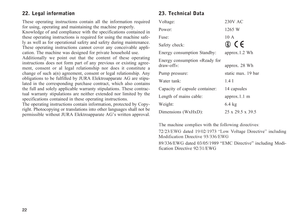 Nespresso N90 manual Legal information, Technical Data 