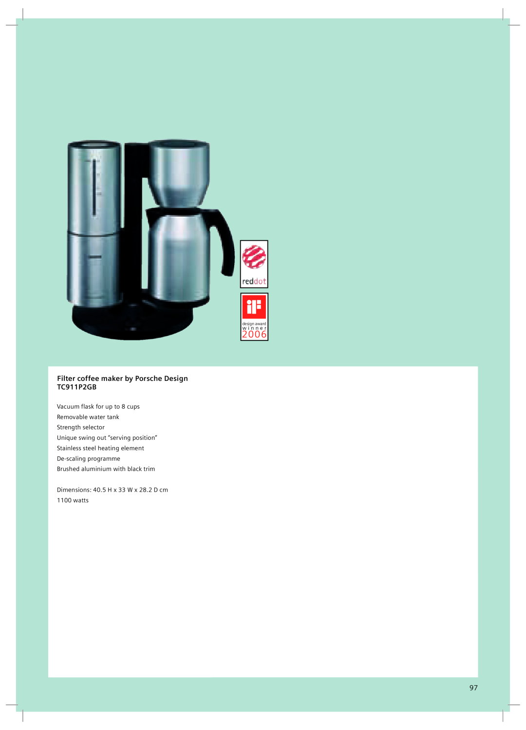 Nespresso TK30N01GB 2 0 0, Filter coffee maker by Porsche Design TC911P2GB, Vacuum flask for up to 8 cups, w i n n e r 
