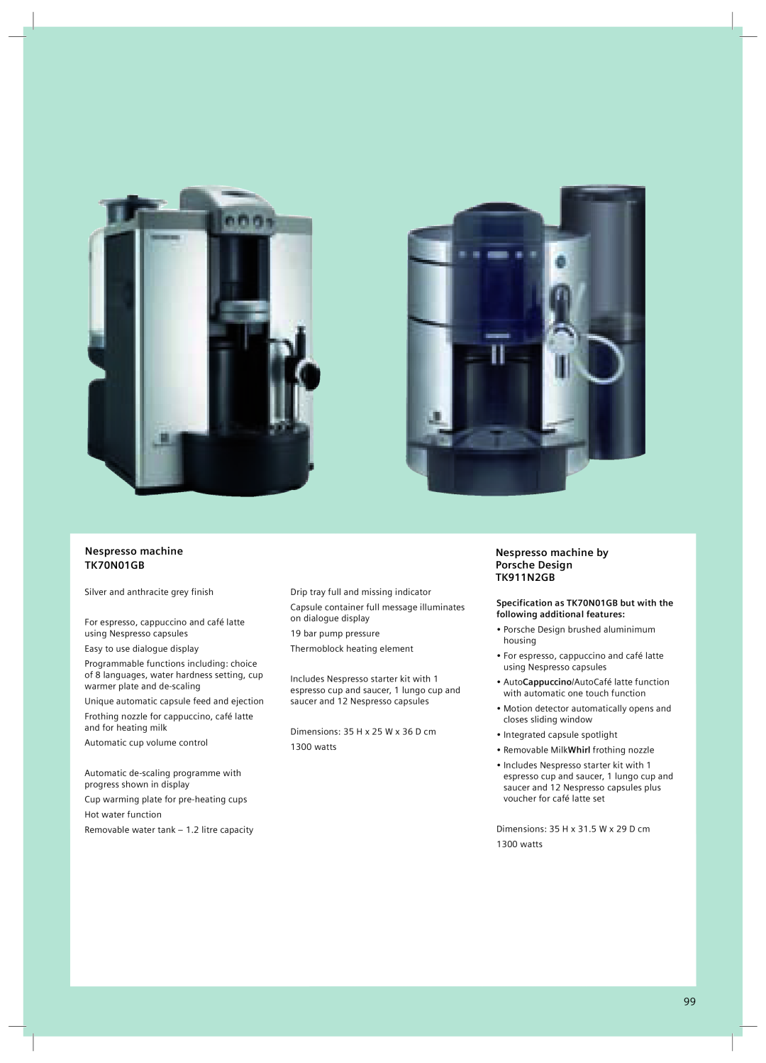 Nespresso TK50N01GB, TK30N01GB manual Nespresso machine TK70N01GB, Nespresso machine by Porsche Design TK911N2GB 
