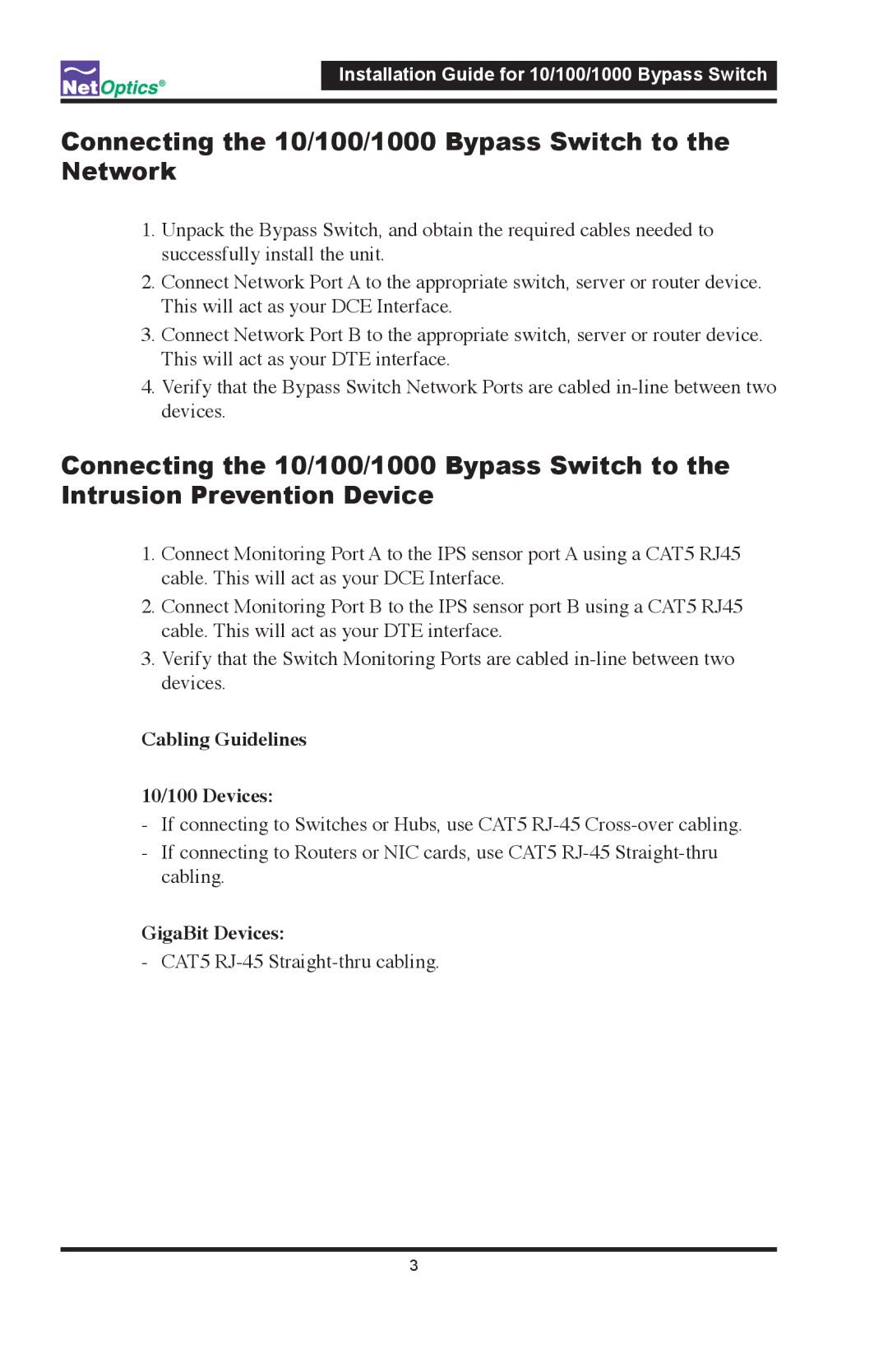 Net Optics Connecting the 10/100/1000 Bypass Switch to the Network, Cabling Guidelines 10/100 Devices, GigaBit Devices 