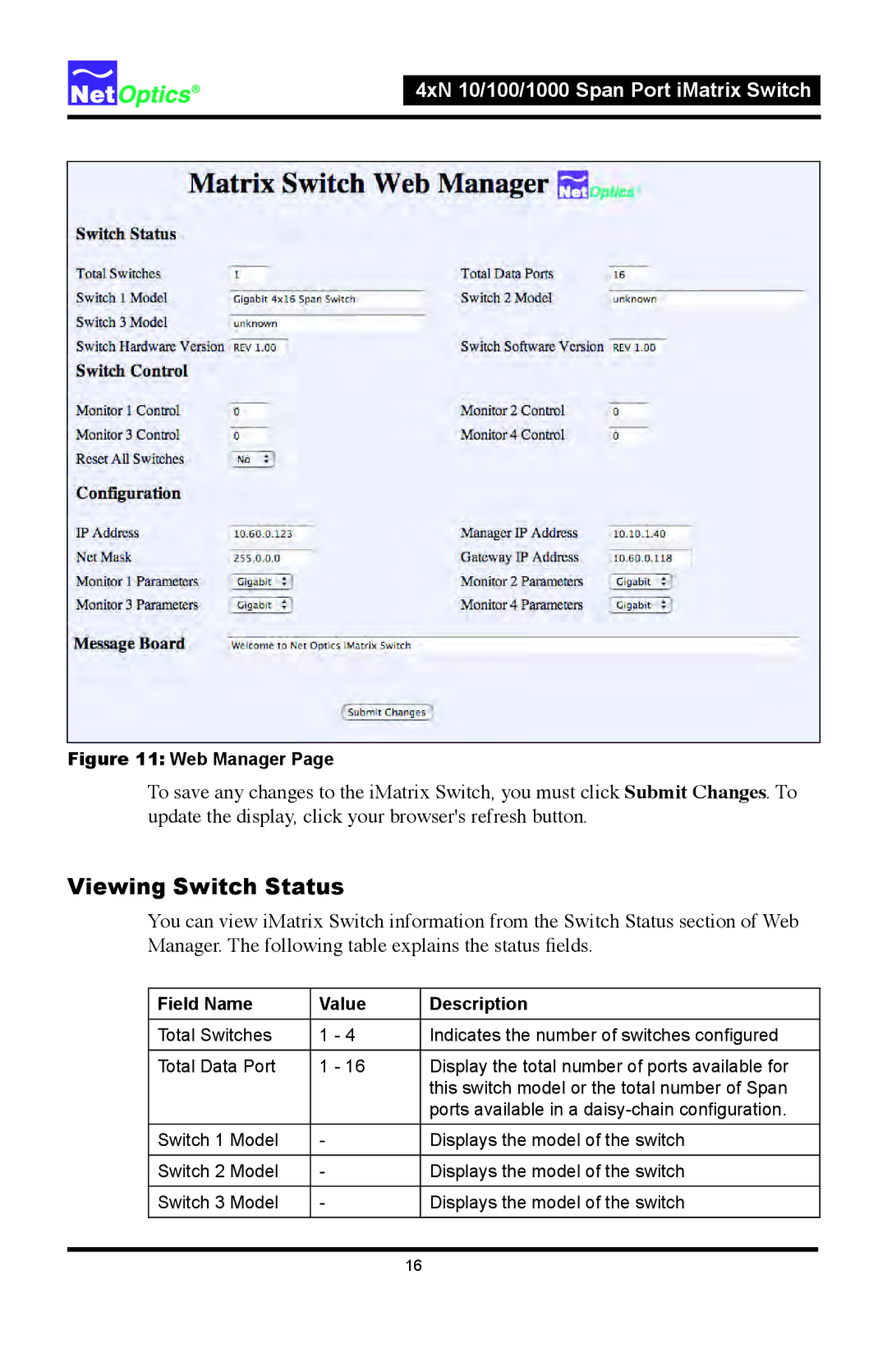 Net Optics 4xN 10, 4xN1000 manual Viewing Switch Status, Field Name Value Description 