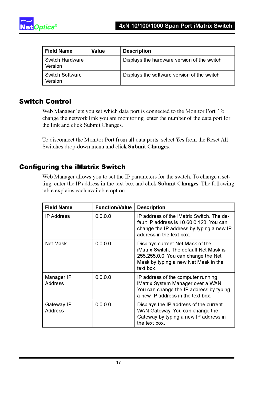 Net Optics 4xN1000, 4xN 10 manual Switch Control, Field Name Function/Value Description 