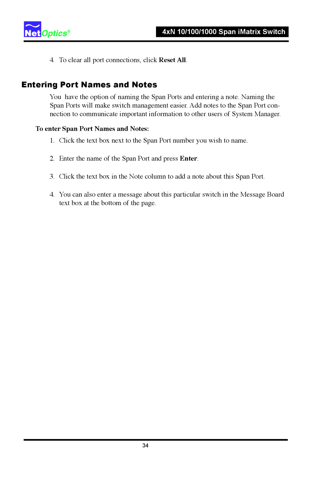 Net Optics 4xN 10, 4xN1000 manual Entering Port Names and Notes, To enter Span Port Names and Notes 