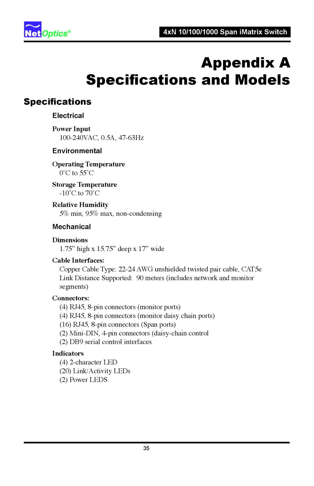 Net Optics 4xN1000, 4xN 10 manual Electrical, Environmental, Mechanical 