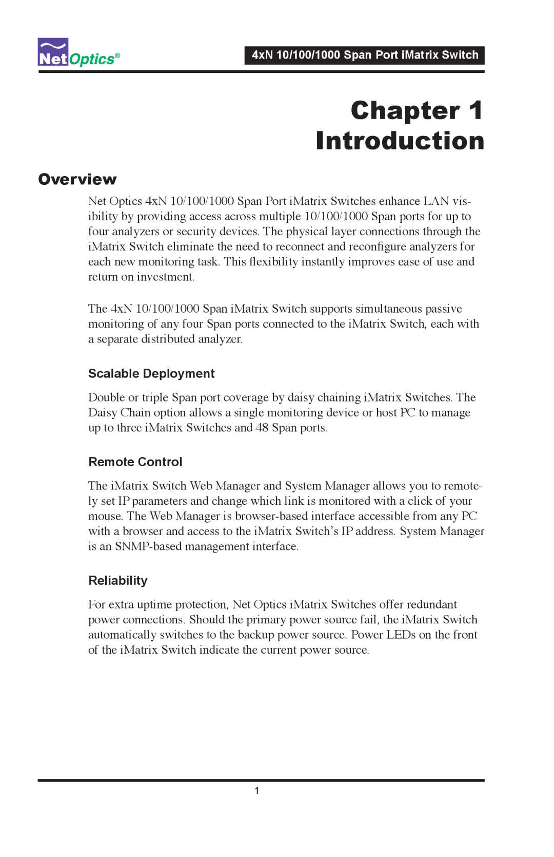 Net Optics 4xN 10, 4xN1000 manual Scalable Deployment, Remote Control, Reliability 