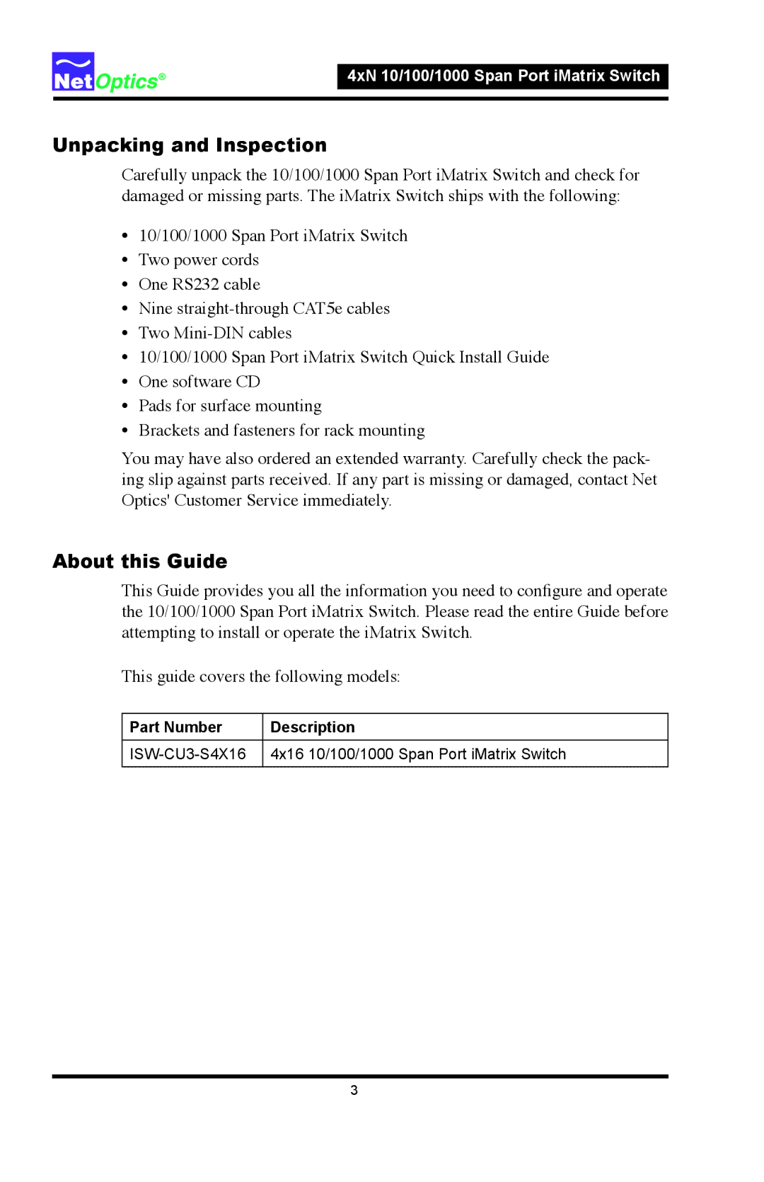 Net Optics 4xN1000, 4xN 10 manual Unpacking and Inspection, About this Guide 