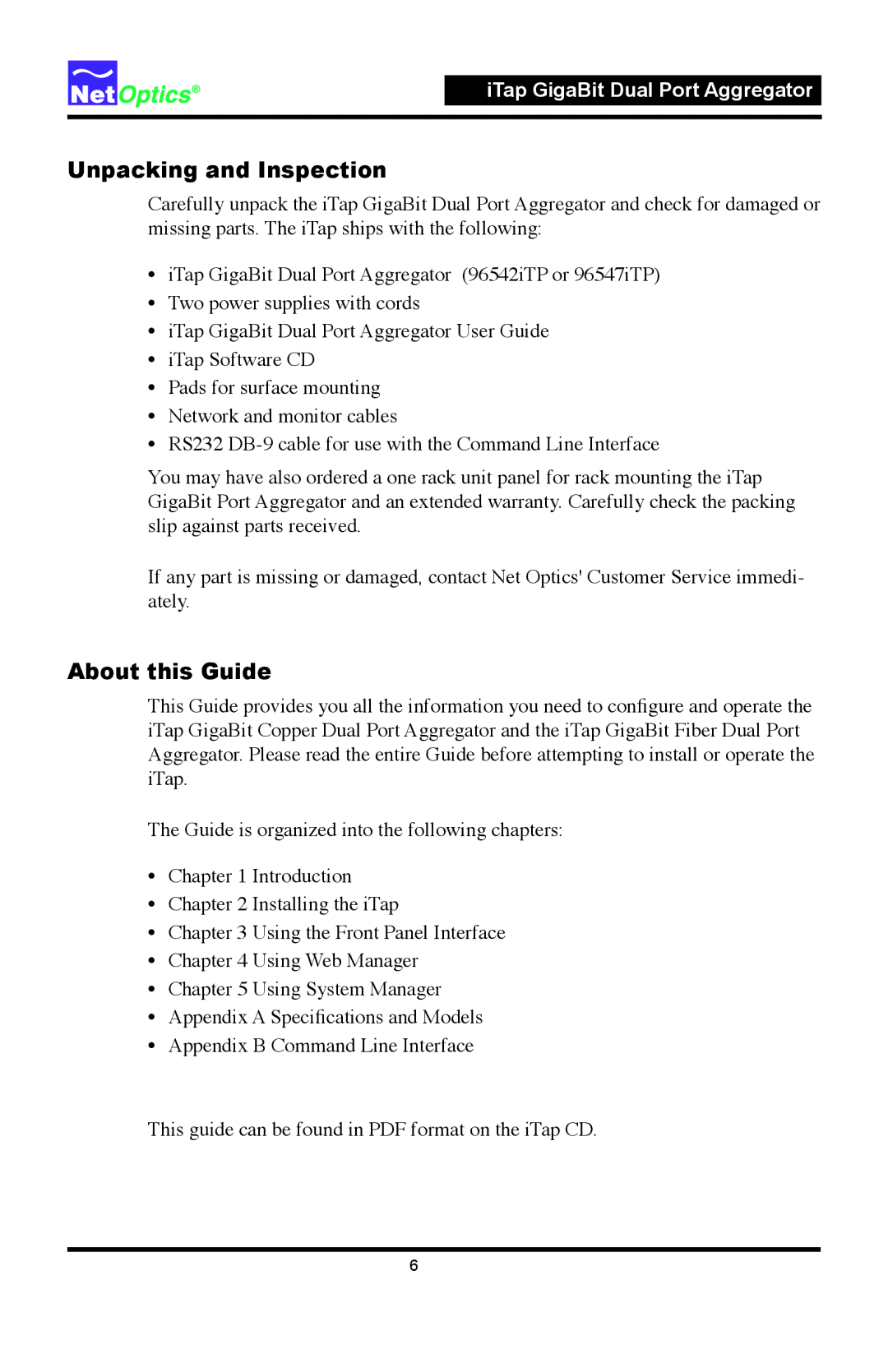 Net Optics 96542iTP, 96547iTP manual Unpacking and Inspection, About this Guide 