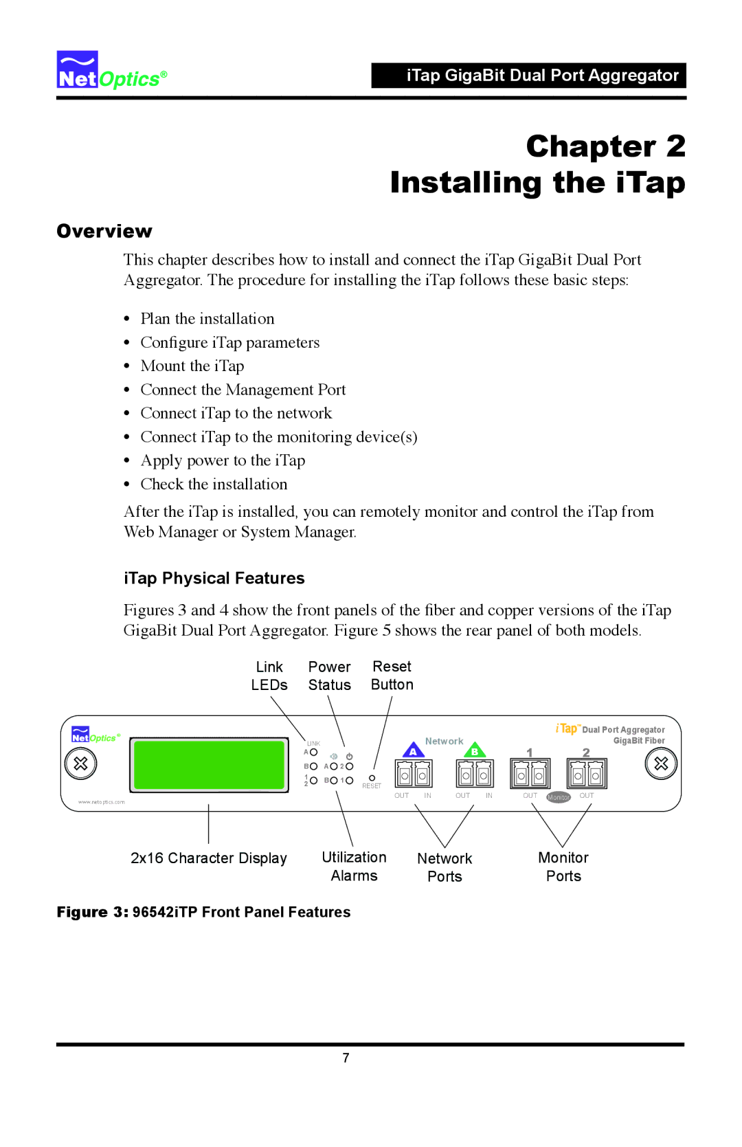 Net Optics 96547iTP manual ITap Physical Features, 96542iTP Front Panel Features 