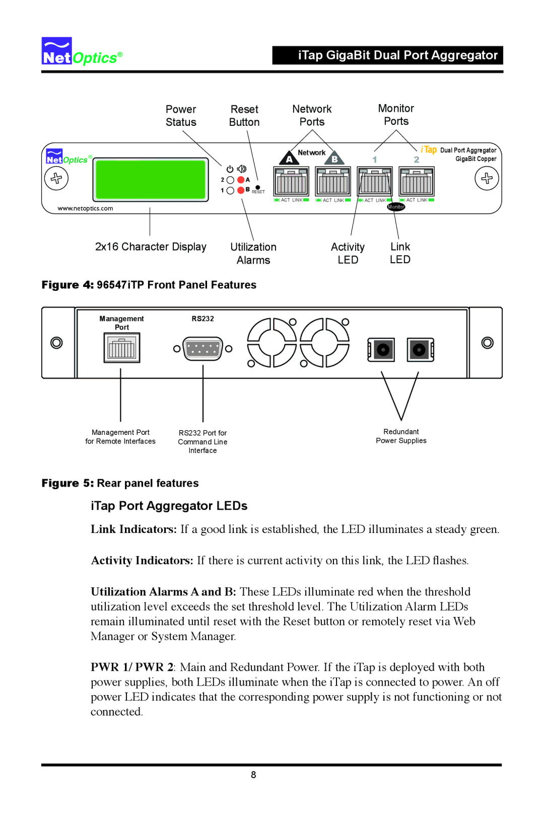 Net Optics 96542iTP manual ITap Port Aggregator LEDs, 96547iTP Front Panel Features 