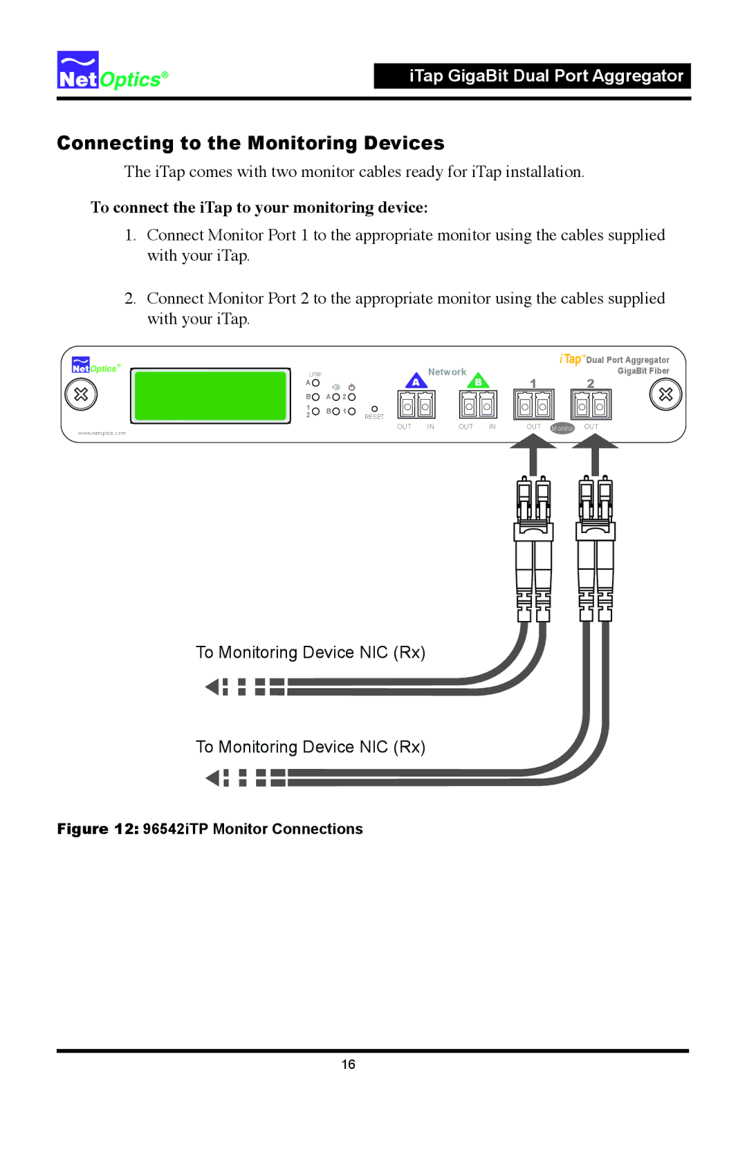 Net Optics 96542iTP, 96547iTP manual Connecting to the Monitoring Devices, To connect the iTap to your monitoring device 