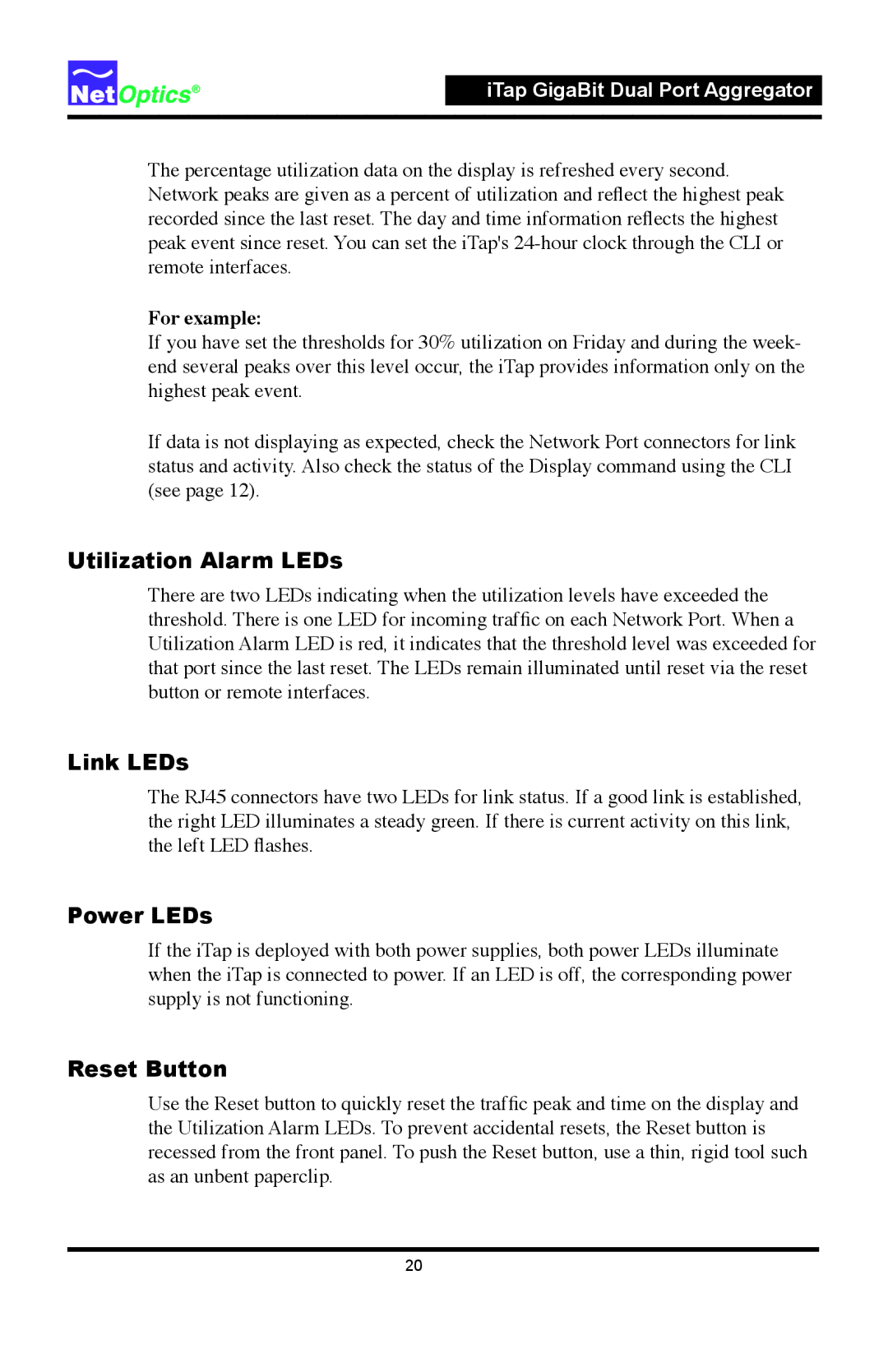 Net Optics 96542iTP, 96547iTP manual Utilization Alarm LEDs, Link LEDs, Power LEDs, Reset Button, For example 