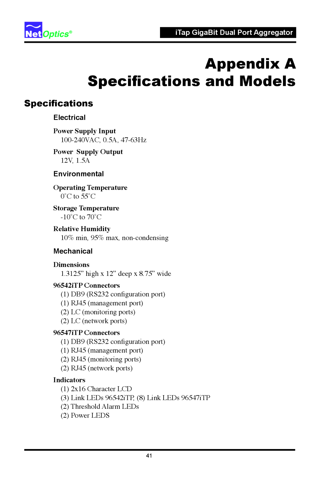 Net Optics 96547iTP, 96542iTP manual Electrical, Environmental, Mechanical 