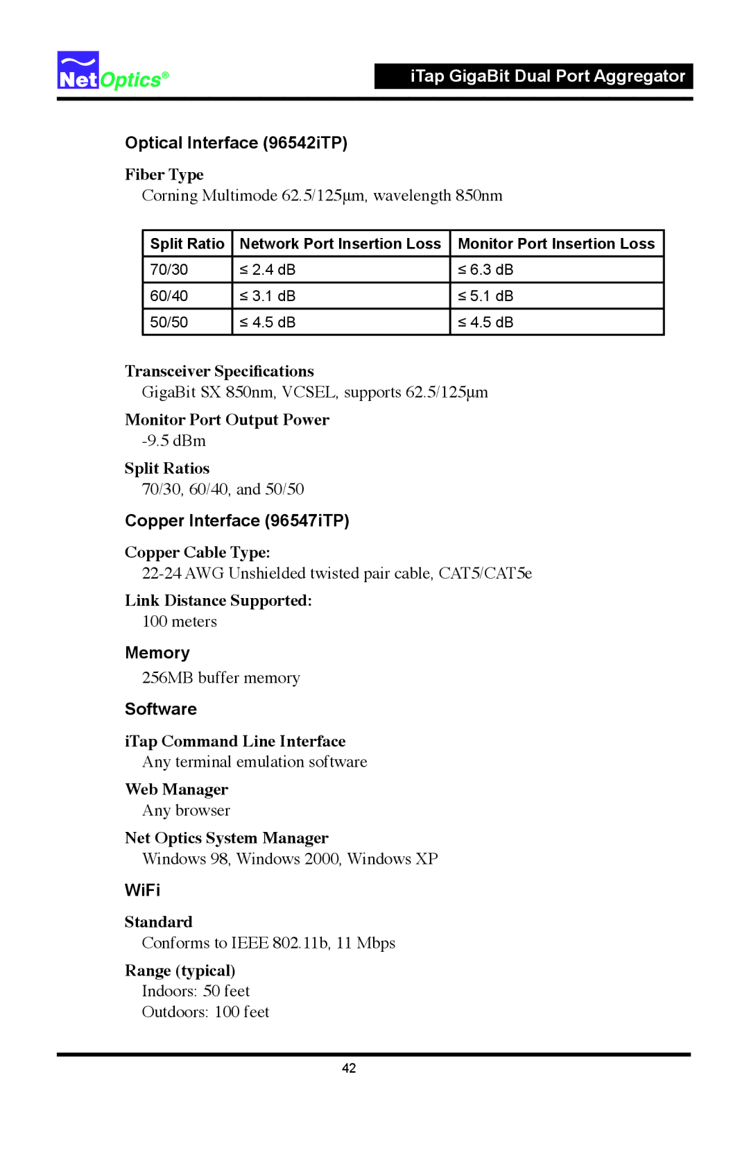 Net Optics manual Optical Interface 96542iTP, Copper Interface 96547iTP, Memory, Software, WiFi 