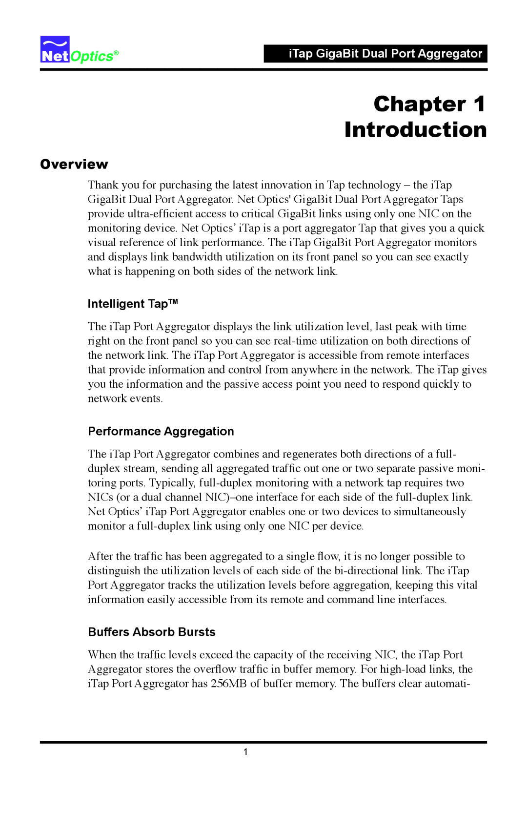 Net Optics 96547iTP, 96542iTP manual Overview, Intelligent TapTM, Performance Aggregation, Buffers Absorb Bursts 